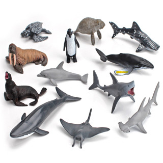 ✌限时熱銷✌仿真藍鯨企鵝大白鯊魔鬼魚海豚模型迷你海洋動物裝飾擺件玩具