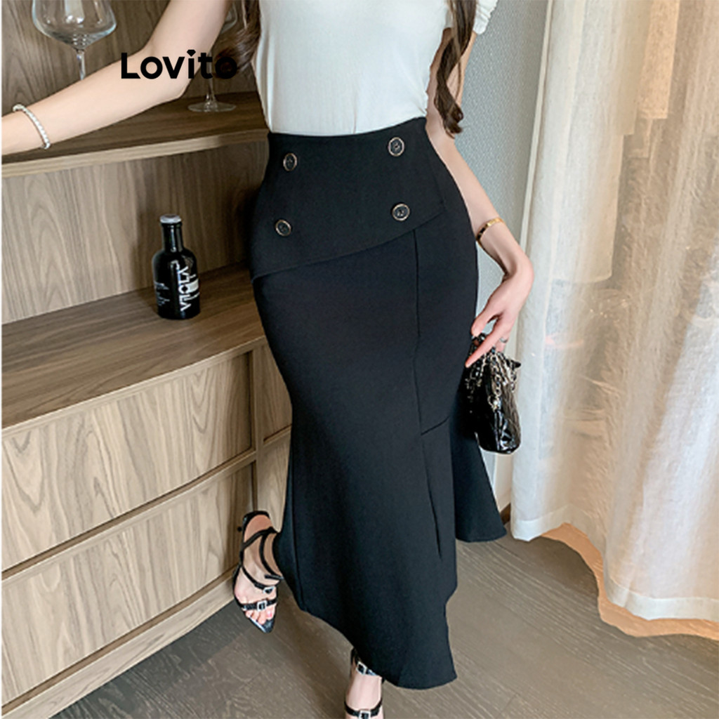 Lovito 女款休閒素色紐帶不對稱短裙 LNE49295