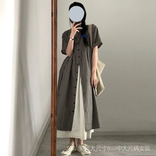 2-300斤胖MM鹽系復古格子短袖襯衫裙女秋慵懶風小個子氣質洋裝