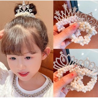 時尚珍珠皇冠公主可愛兒童鬆緊髮帶兒童髮髻領帶女孩髮飾嬰兒頭飾
