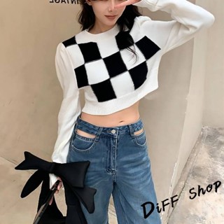 【現貨速發】 【DIFF】韓版格子高領針織上衣 短版上衣 毛衣 長袖上衣 女裝 衣服 顯瘦上衣 長袖t恤 冬裝 發熱衣【