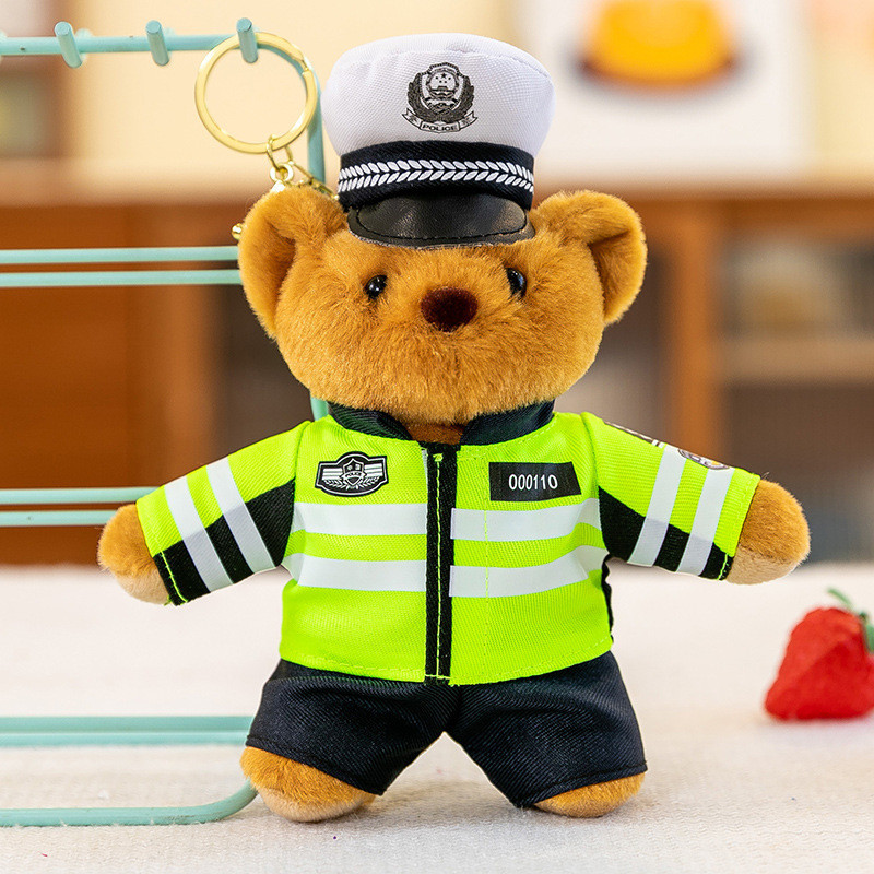 M6ZE 可愛公仔玩偶小號交警消防警察熊吊飾毛絨玩具包包掛飾鑰匙扣娃娃