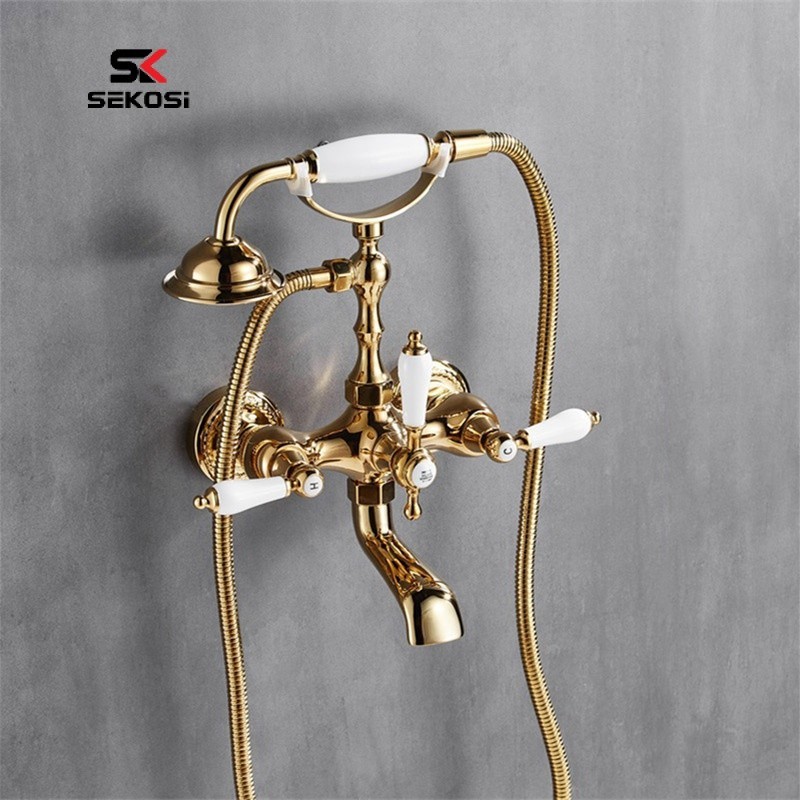 SK法式復古銅製金色浴缸水龍頭淋浴花灑套裝雙把電話機冷熱龍頭100%