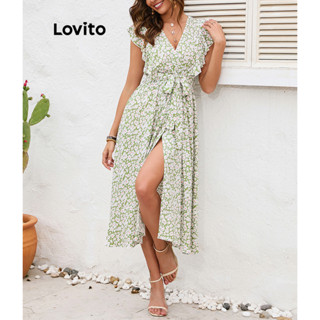 Lovito 波西米亞女式花朵開衩荷葉邊洋裝 LNE31170 (寶藍色/綠色)