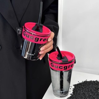 北極光個性輕奢玫紅套便攜咖啡杯雙飲吸管家用網紅水杯玻璃杯