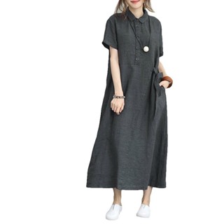 【洋裝】ZANZEA女裝復古短袖鈕釦寬鬆長洋裝