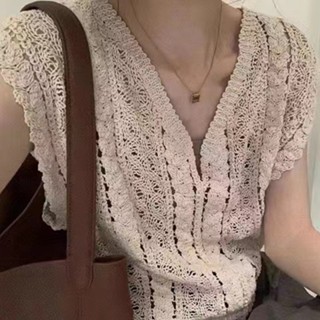 韓系甜美氣質手工編織鏤空V領冰絲針織背心馬甲女洋氣套頭上衣夏