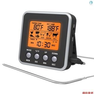 橙色背光 LCD 數字食物溫度計烹飪肉類溫度計,帶溫度探頭,用於燒烤吸煙者燒烤廚房烹飪的數字烤箱溫度計,帶 7 個預設