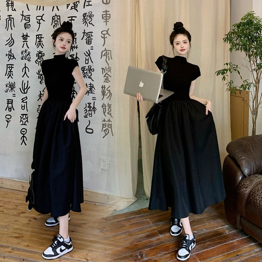 赫本風黑色洋裝女夏季2024新款收腰顯瘦a字長裙氣質宴會服