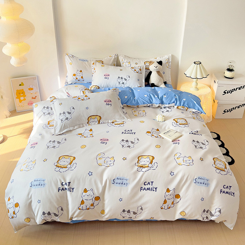 床包四件組 單人/雙人/加大雙人床包四件組 床套組 薄款兩用被套被單床包組 床罩床單組 枕頭套 4件組 舒柔棉-吐司小貓