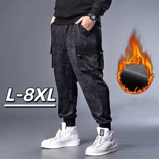 🔥48H出貨 L-8XL 韓系秋冬季刷毛工裝迷彩褲男 保暖束口褲 男生大尺碼長褲 多口袋工作褲 鬆緊腰 縮口褲 加肥