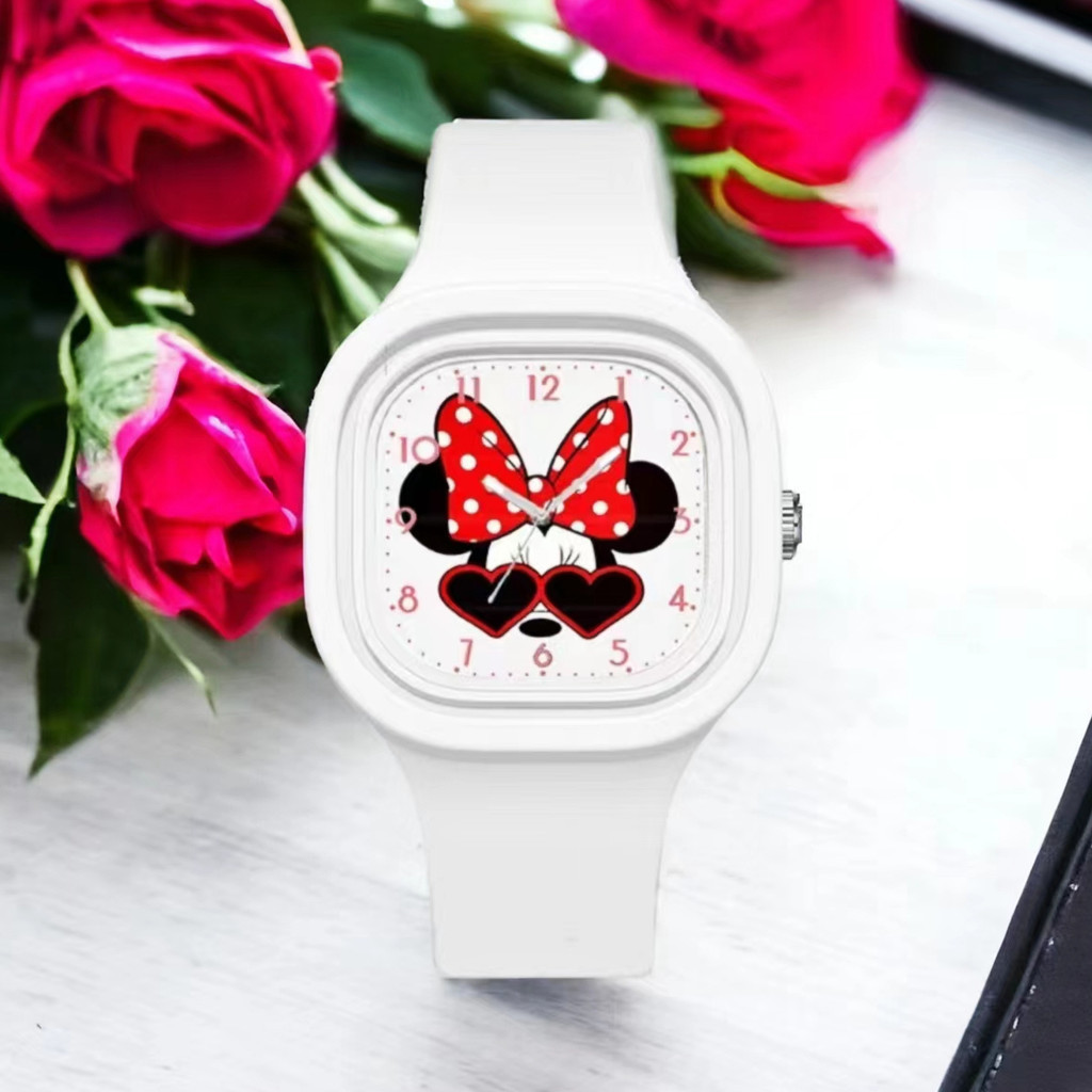 時尚米奇米妮男女童手錶方形矽膠手錶卡通兒童手錶