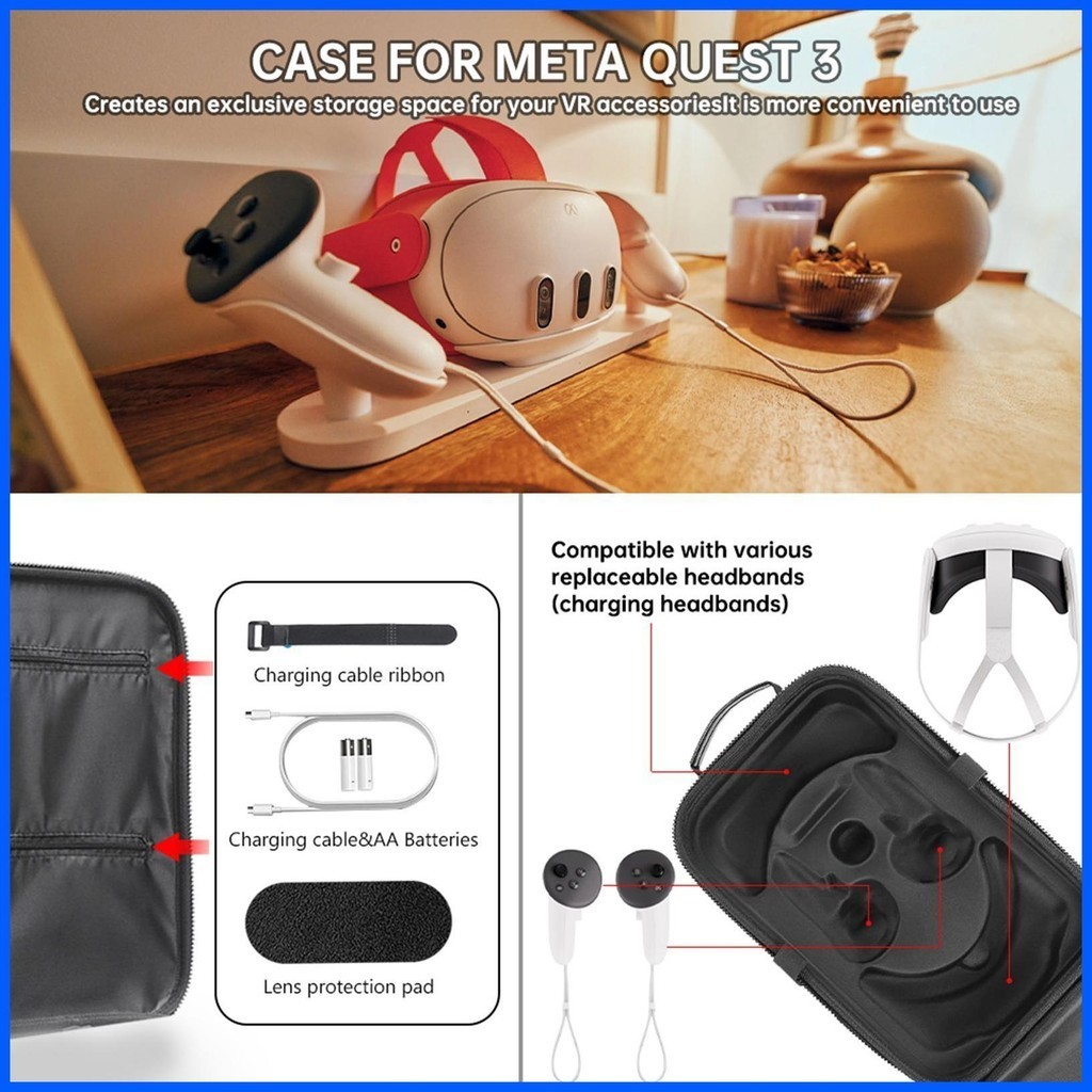 用於 3 個 VR rdath 的耳機控制器儲物袋防刮 EVA 硬殼帶網袋旅行便攜包