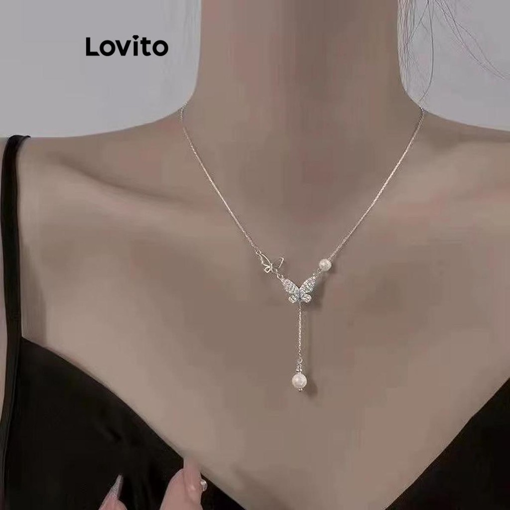 Lovito 女用休閒蝴蝶結珍珠項鍊 LFA16457