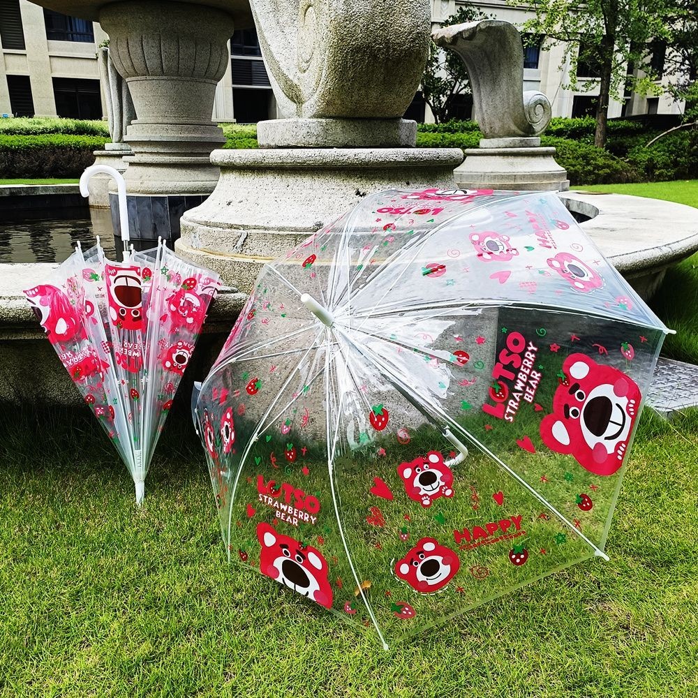草莓熊兒童雨傘 透明雨傘 長柄日系皮卡丘艾莎美酷雨傘 兒童透明傘高顏值透明自動長柄拱形蘑菇傘