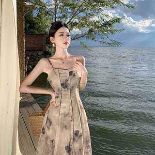 新中式別緻獨特水墨暈染吊帶洋裝女夏季新款端莊大氣國風長裙子