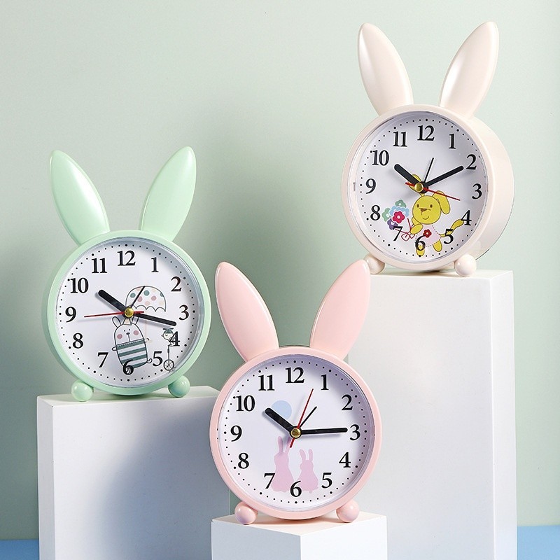 簡約卡通兔子鬧鐘擺件  臥室裝飾床頭靜音掃秒小鬧鐘  學生鬧鐘禮品 掛鐘  中標 時鐘  座鐘   時間控製器