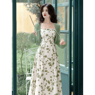 法式復古綠色碎花吊帶洋裝女夏季2024小外套旗袍兩件套純欲氣質