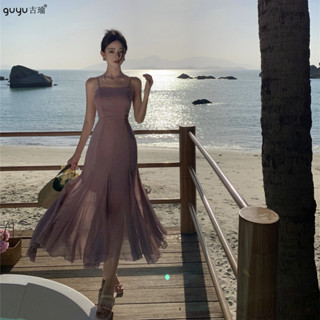新款小眾煙紫色吊帶洋裝女夏季緊身百搭顯瘦性感露背魚尾裙