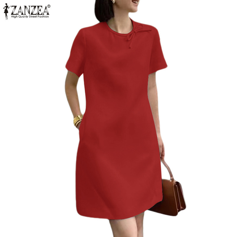 Zanzea 女式韓版時尚短袖純色 O 領側袋連衣裙