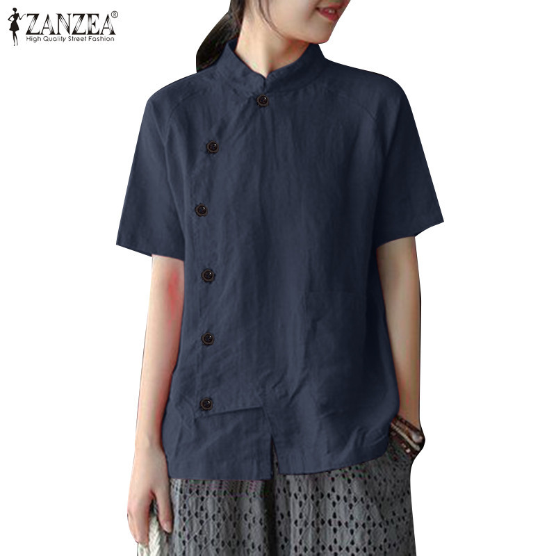Zanzea 女式韓版立領純色系扣短袖襯衫
