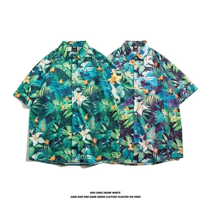 花襯衫 M-3XL 夏威夷風碎花襯衫男短袖 夏季寬鬆休閒外套 青少年垂墜感襯衫