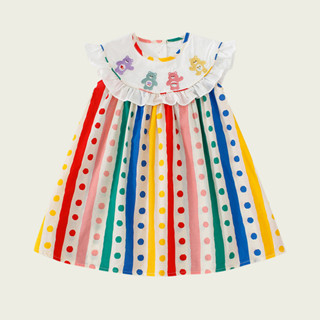 女童洋裝兒童彩色圓點無袖洋裝卡通小熊刺繡寶寶公主裙