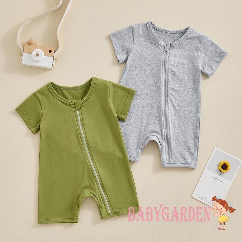 Baga-男嬰夏季連身衣純色圓領短袖前拉鍊嬰兒連身衣