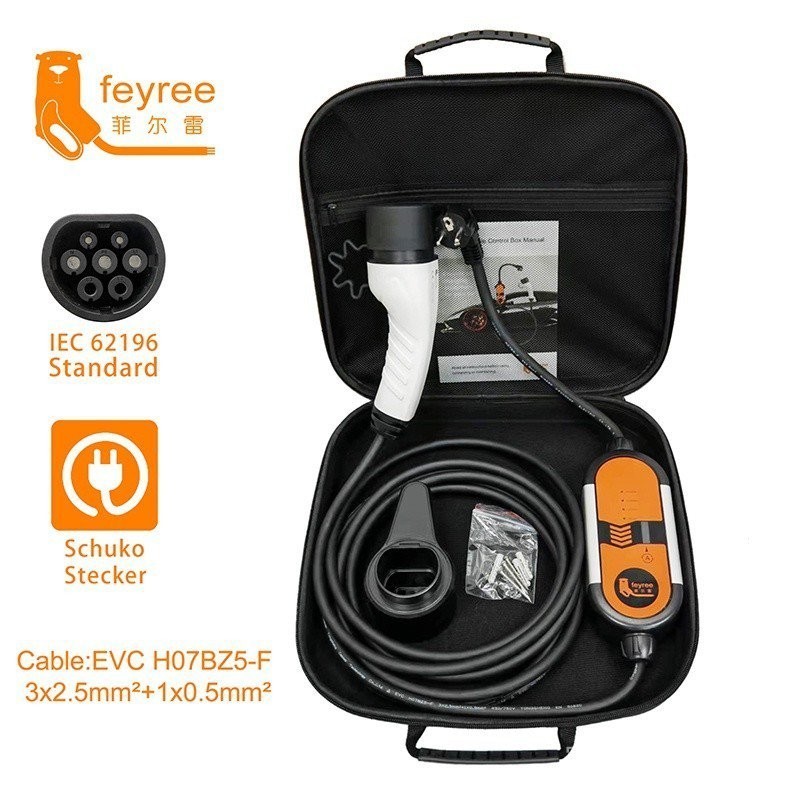 Feyree Type2 便攜式光伏充電器壁箱 16A 電流可調線 IEC62196 Schuko Plug 電動車充電