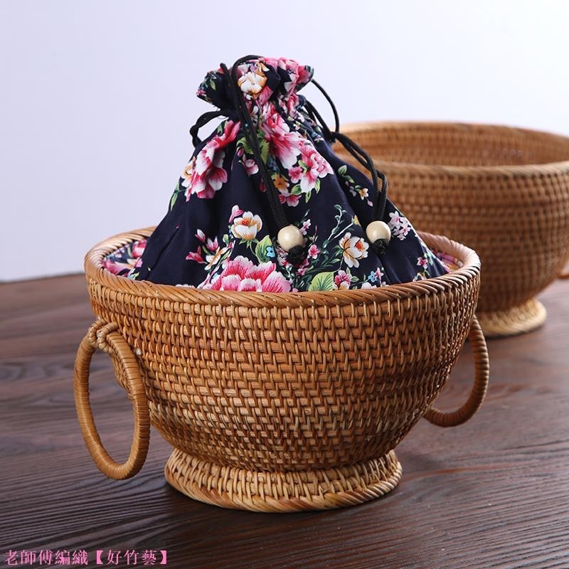 【竹藝】越南藤編雙耳提籃 家用水果盤客廳零食雜物糖果籃創意茶几乾果籃