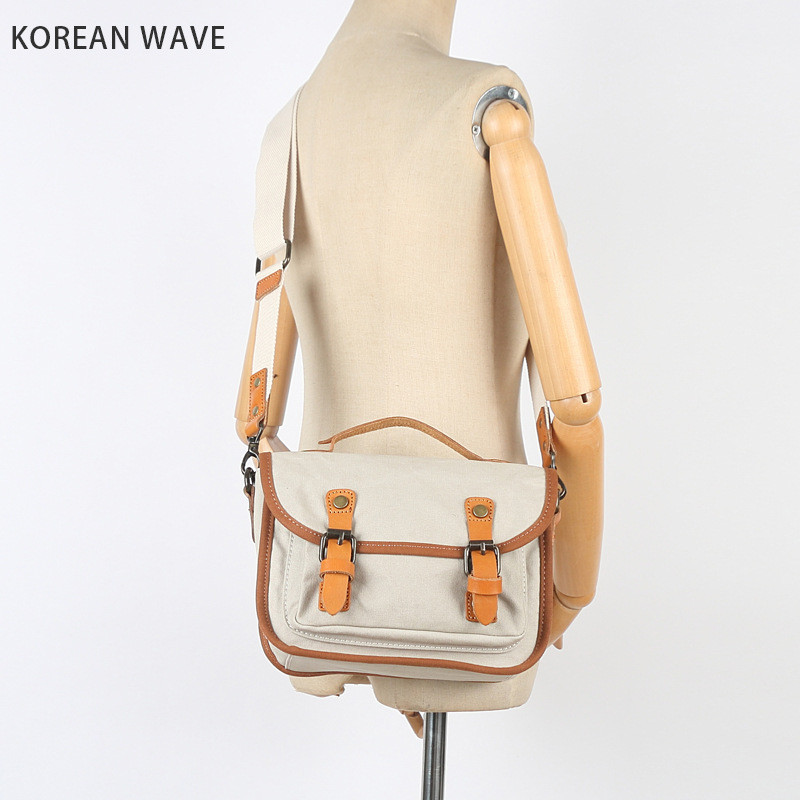 日系韓版新款復古斜背包簡約帆布配真皮女包日常通勤手提包女郵差