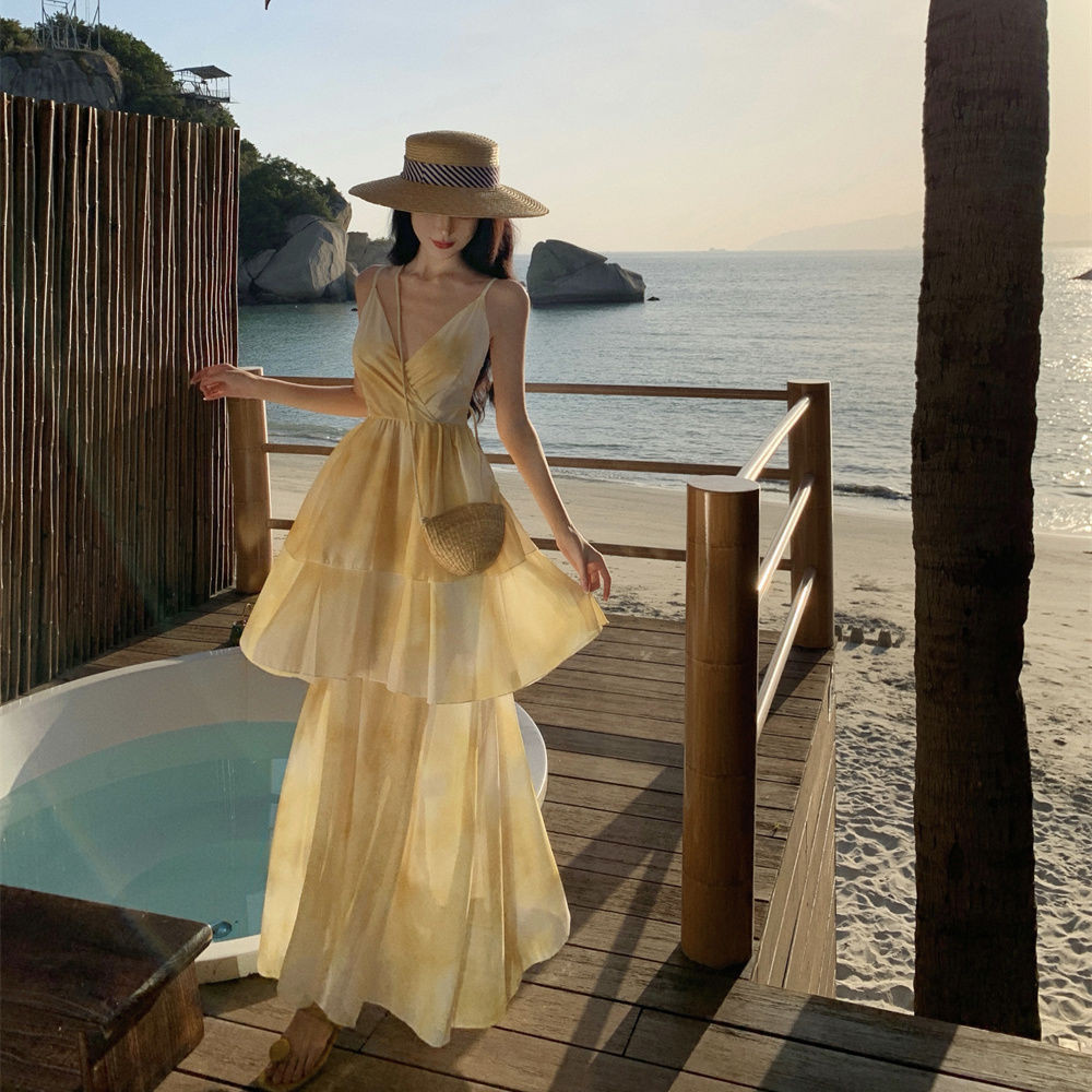 法式少女無袖雙層蛋糕裙襬海邊度假溫柔洋裝印花長裙