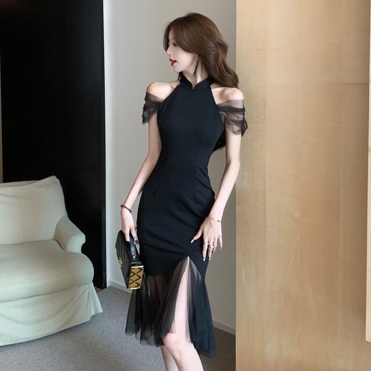 S-L 黑 立領 中長款 夏季韓版改良式旗袍 網紗拼接魚尾洋裝 春酒尾牙 婚禮洋裝