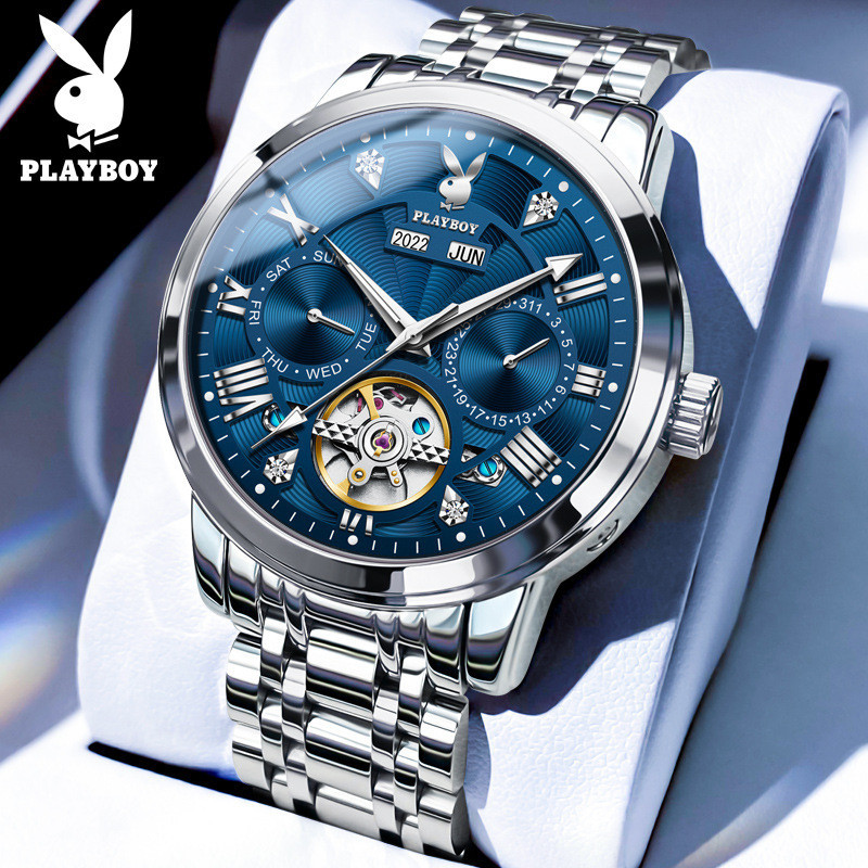 PLAYBOY品牌 3045鋼  (100%正品）全自動機械 防水日曆 夜光 萬年曆  鏤空時尚高級男士手錶