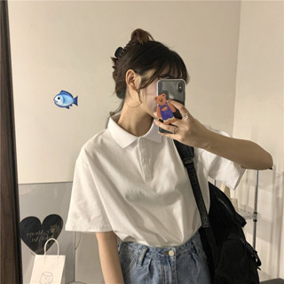 【HY】S-3XL 韓版翻領時尚百搭素色短袖 女裝T恤 POLO襯衫領大尺碼寬鬆上衣 現貨