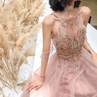 晚禮服卡其色宮廷風歐美婚紗晚宴洋裝百搭時尚
