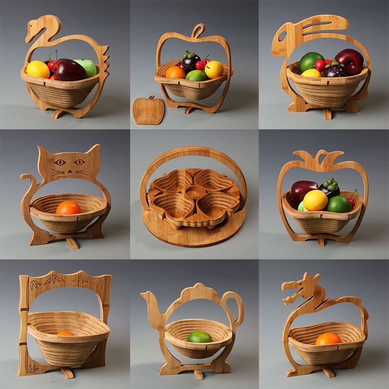 新款竹製水果籃子 摺疊水果籃 時尚創意竹籃 水果盆 竹木製品工藝