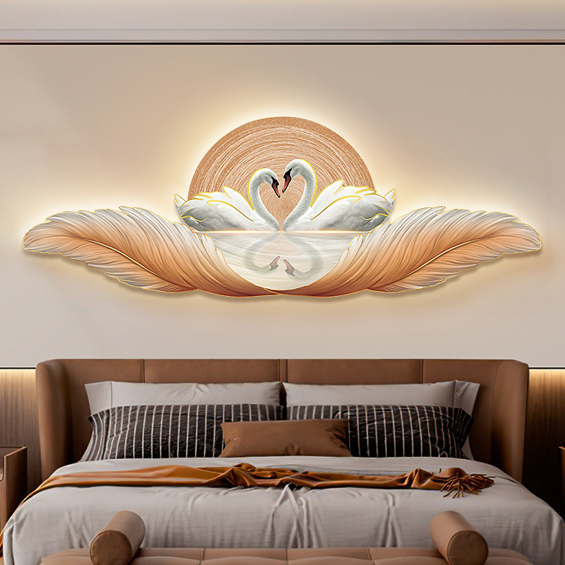 現代簡約主臥室床頭裝飾畫溫馨天鵝客廳led燈壁畫羽毛高級感掛畫需要發光聯繫客服