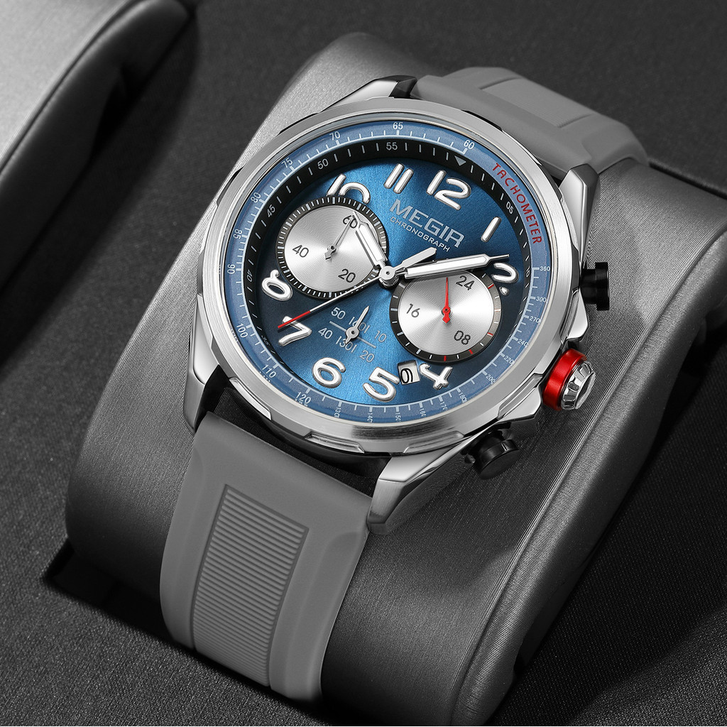 MEGIR新款矽膠錶帶男士手錶  時尚休閒多功能運動計時碼錶防水石英手錶 2230G