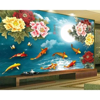 定制中式牡丹花月亮金魚3d壁紙餐廳客廳電視沙發牆臥室壁畫