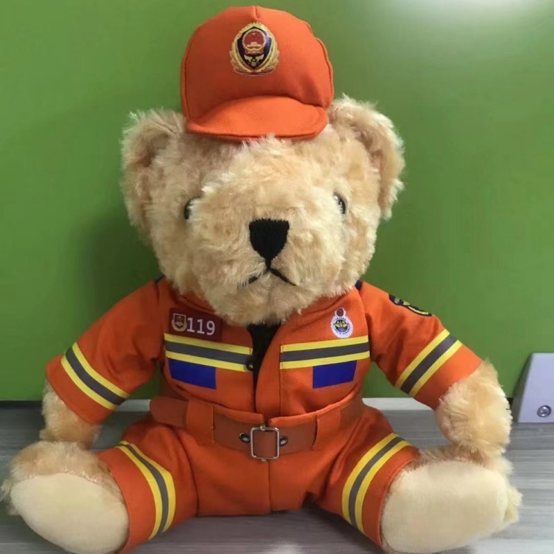 U6IA 現貨新款消防小熊玩偶橙色衣服泰迪熊毛絨玩具警察交警熊公仔單位禮品