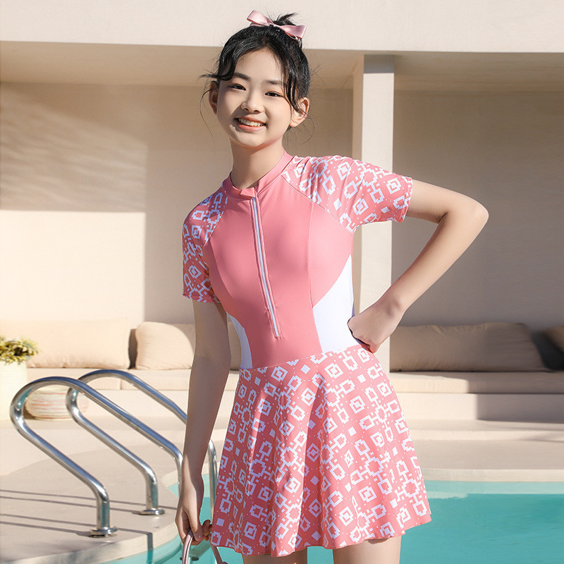 韓國學生泳衣女連身短袖中大童泳衣新款運動帶拉鍊女大童連身游泳裝