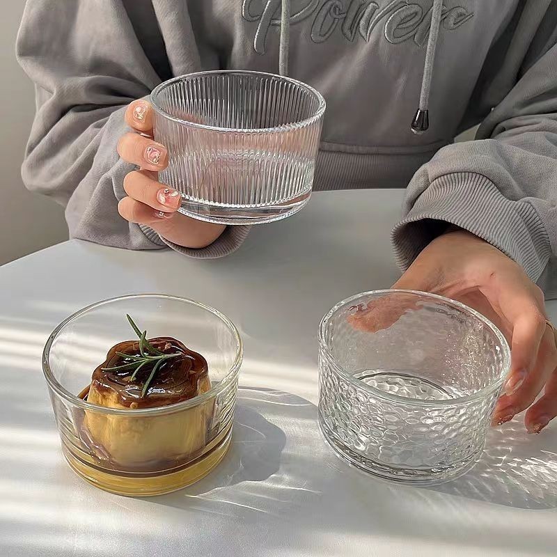 四隻高顏值透明玻璃碗圓形豎紋玻璃碗甜品碗水果沙拉碗小吃碟