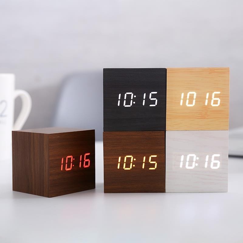 現貨☎桌面定時器☎   木質桌面鬧鐘創意時鐘溫度溼度聲控led夜光多功能簡約檯鐘電子鐘