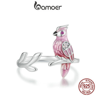 Bamoer 925 純銀開口戒指粉色鸚鵡設計精美時尚首飾禮物女士