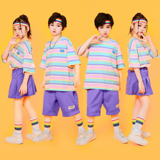 3-14歲兒童短袖嘻哈條紋純棉t恤上衣女童寬鬆演出服啦啦隊服衣服嘻哈休閒男童寬鬆短款紫色秀褲