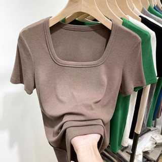 【樸多女裝】M-4XL 大尺碼 大尺碼上衣 冰絲上衣 大尺碼短袖T恤女夏新款韓版修身氣質方領冰絲仿針織寬鬆上衣 A413