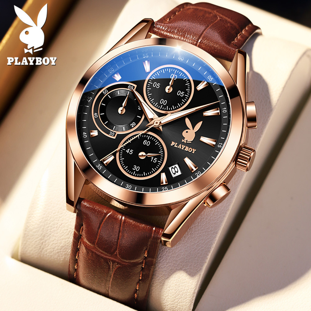 PLAYBOY品牌 3042  (100%正品）夜光 日曆 多功能三眼六針 高級石英男士手錶
