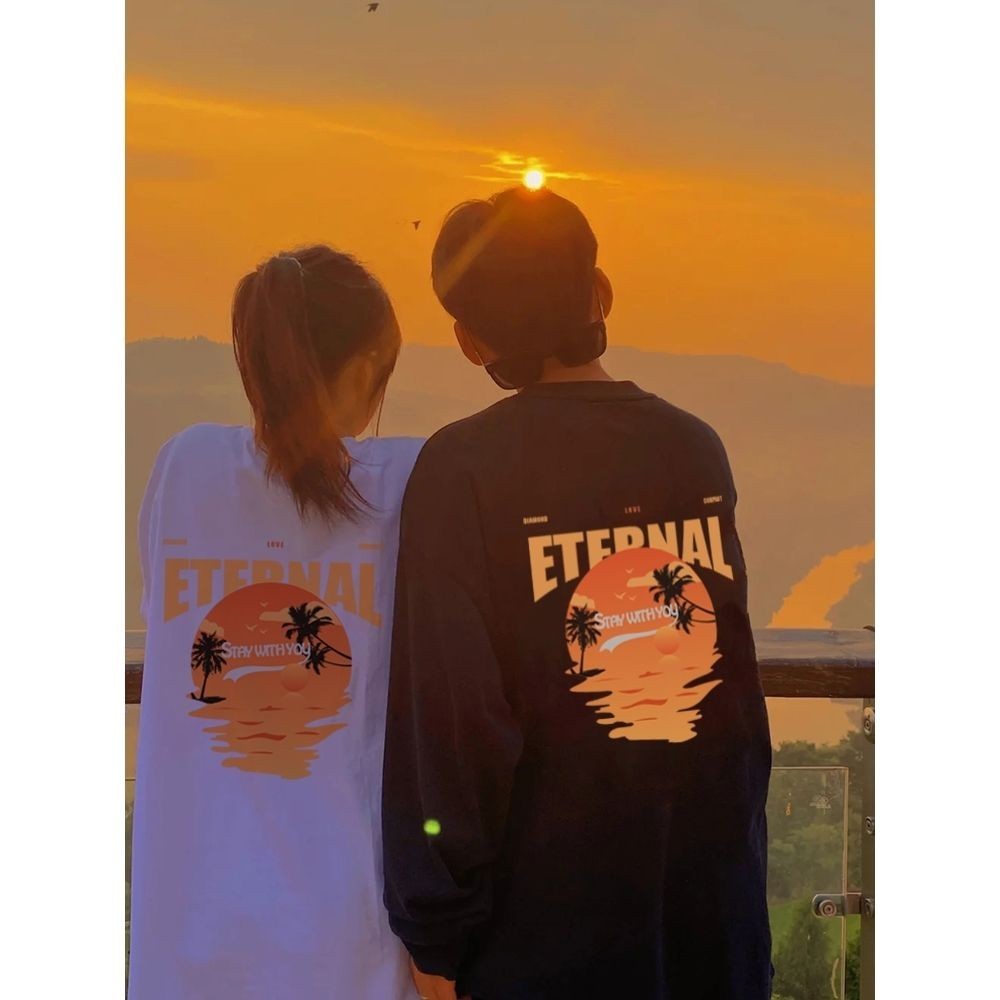 【睿禾】ETERNAL 海邊夕陽 唯美情侶裝 買一送一 兩件入 春秋季大學T 刷毛 高級感外套