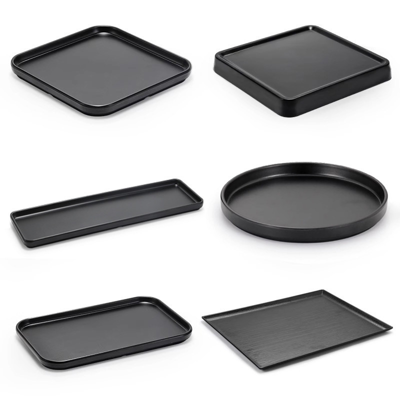 “密胺”密胺淺盤子平盤商用日式黑色仿瓷塑膠托盤燒烤盤子長條壽司盤擺盤